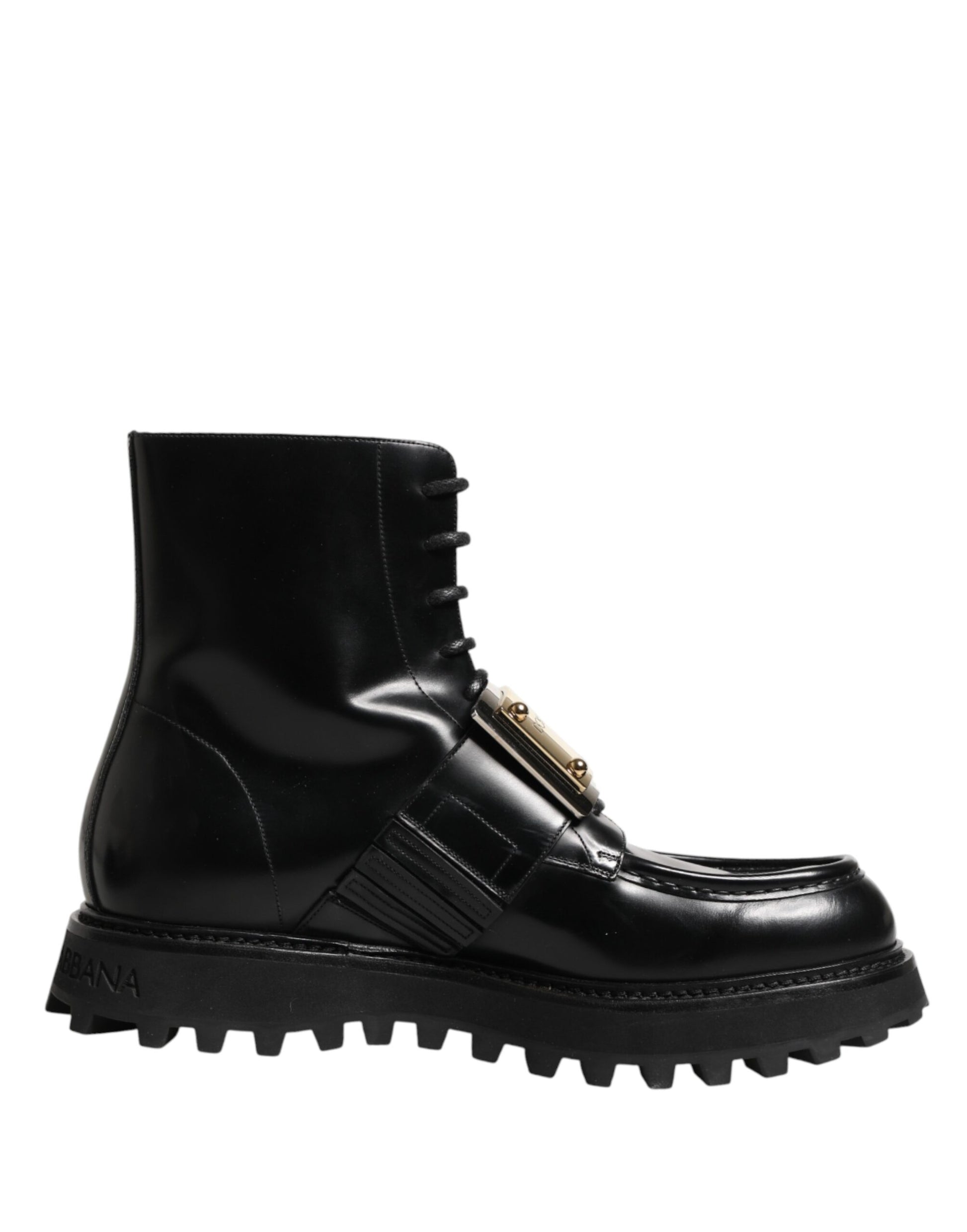Dolce & Gabbana Black Leather DG Plaque Lace Up Boots