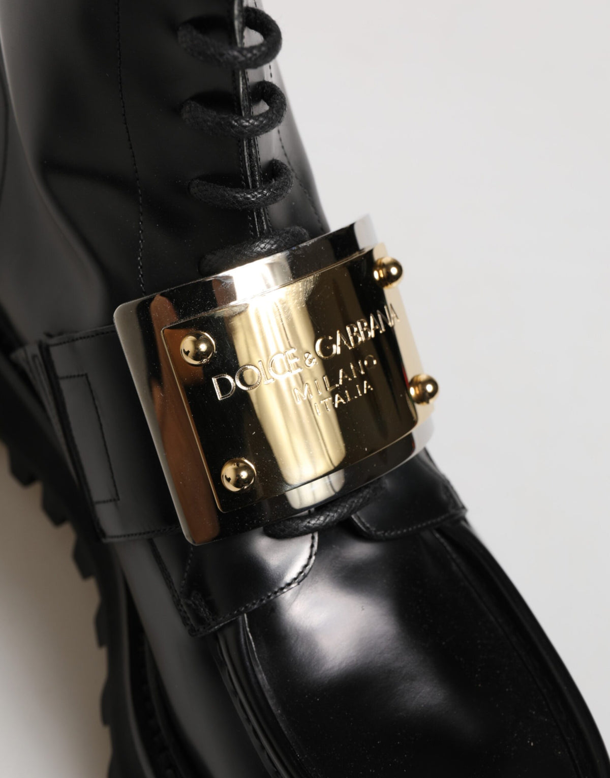 Dolce & Gabbana Black Leather DG Plaque Lace Up Boots