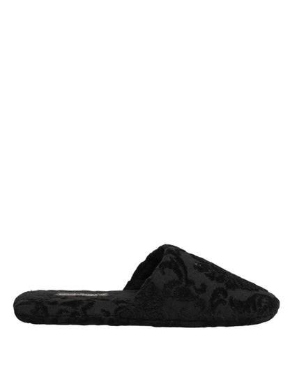 Dolce & Gabbana Black Logo Embroidered Slippers Flats Shoes