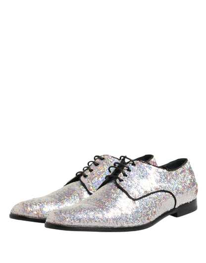Dolce & Gabbana Silver Sequined Lace Up Men Derby Dress Shoes