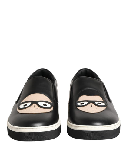 Dolce & Gabbana Black Leather Signature Figures Sneakers