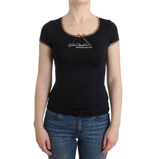Roberto Cavalli Black T-Shirt with Leopard Trim