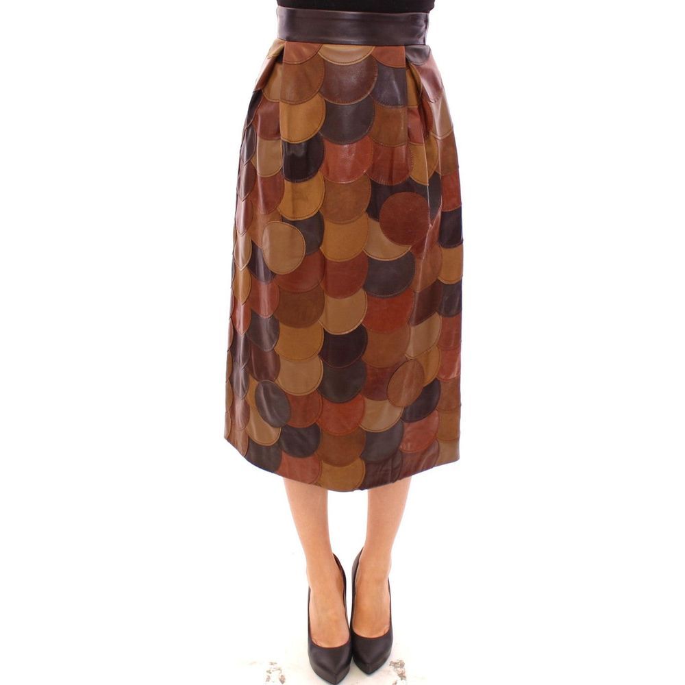 Dolce & Gabbana Brown Patchwork Lamb Leather Midi Skirt