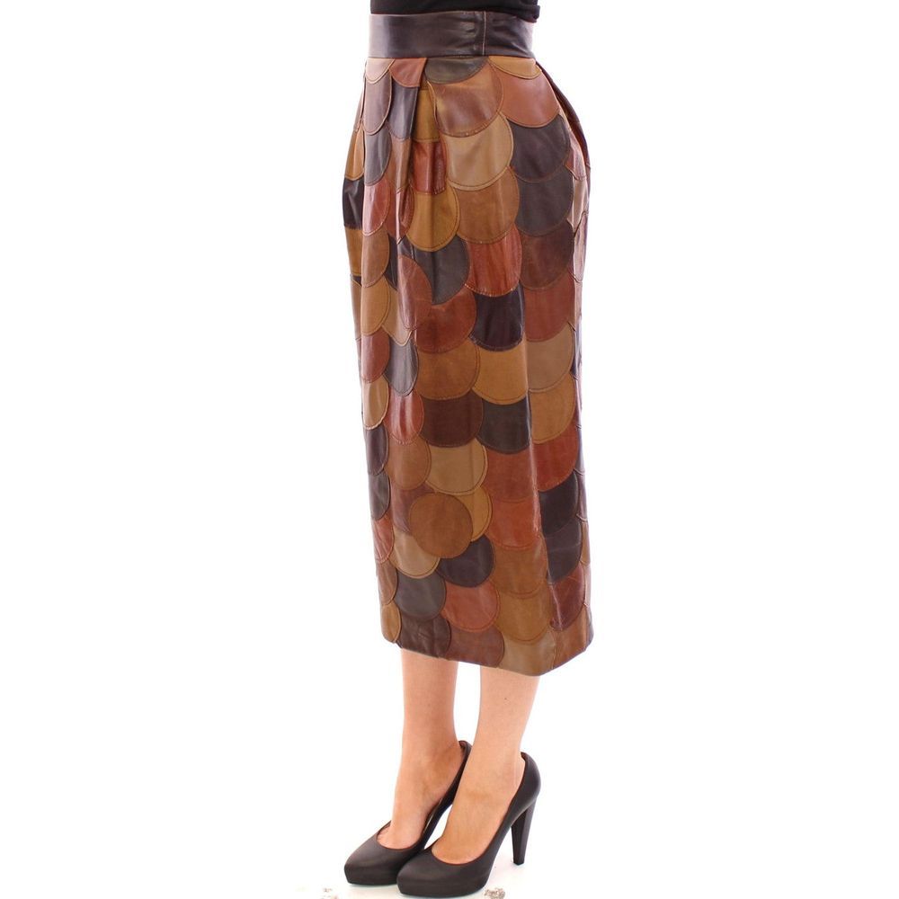 Dolce & Gabbana Brown Patchwork Lamb Leather Midi Skirt