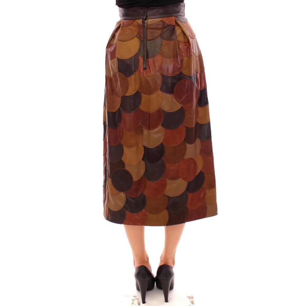 Dolce & Gabbana Brown Patchwork Lamb Leather Midi Skirt