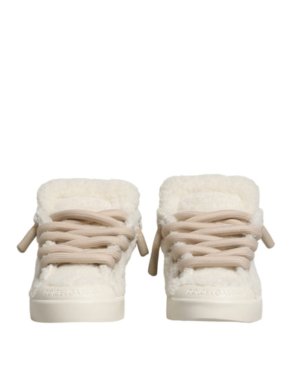 Dolce & Gabbana White Faux Shearling Low Top Sneakers