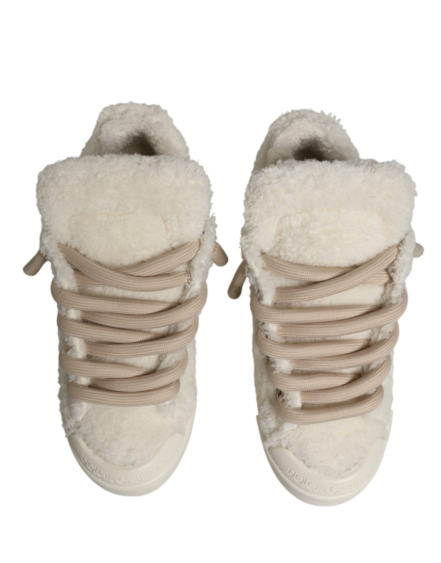 Dolce & Gabbana White Faux Shearling Low Top Sneakers