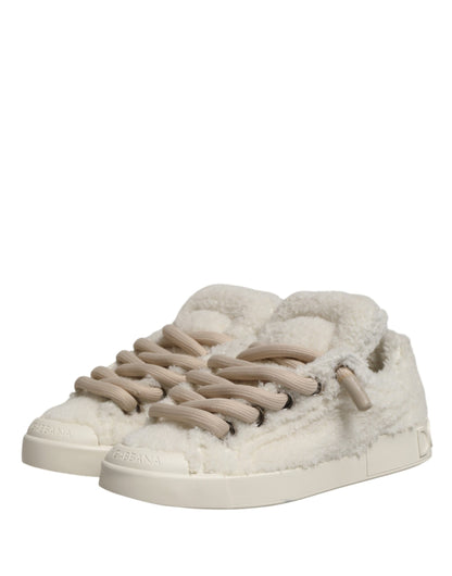 Dolce & Gabbana White Faux Shearling Low Top Sneakers