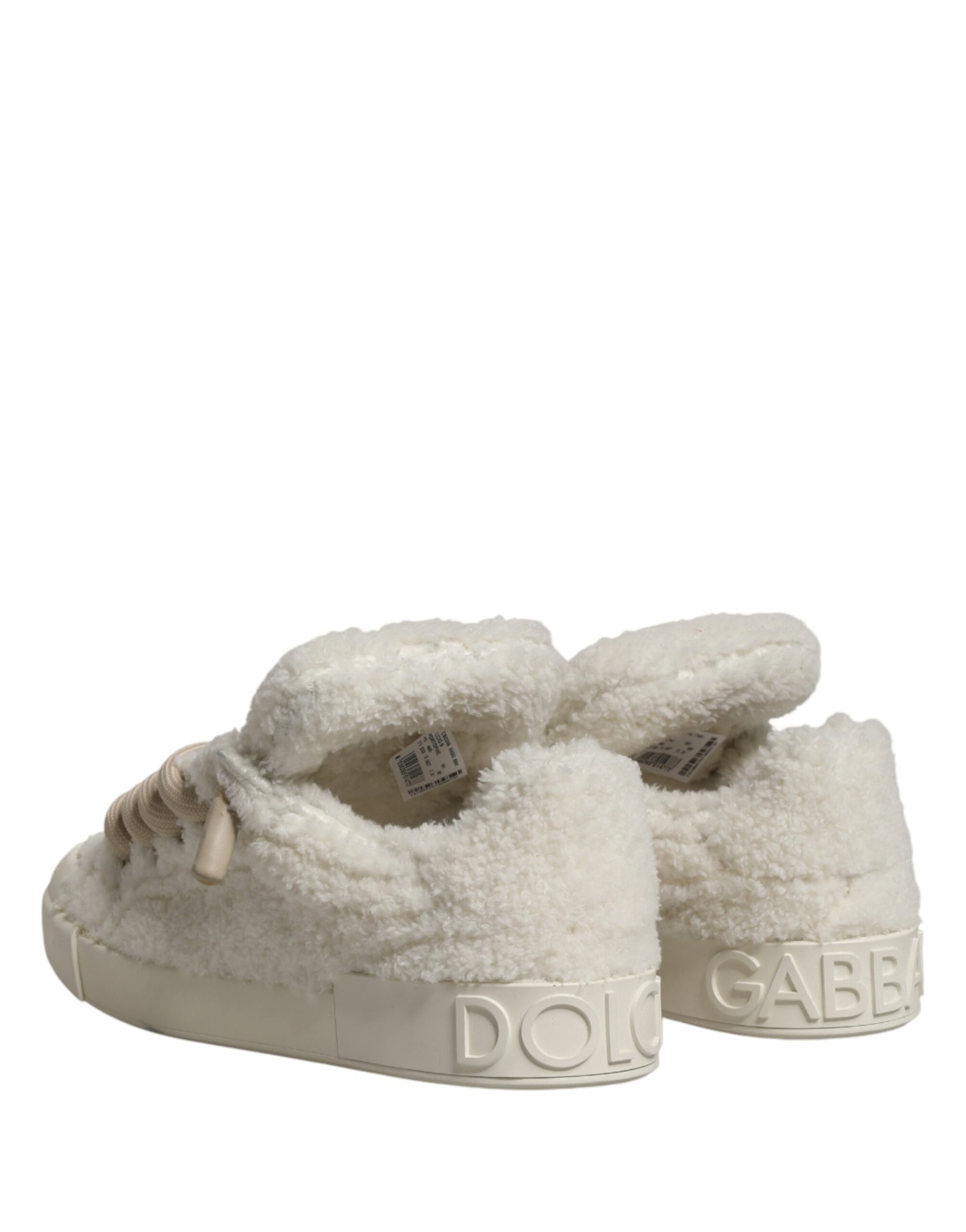 Dolce & Gabbana White Faux Shearling Low Top Sneakers