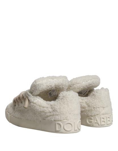 Dolce & Gabbana White Faux Shearling Low Top Sneakers