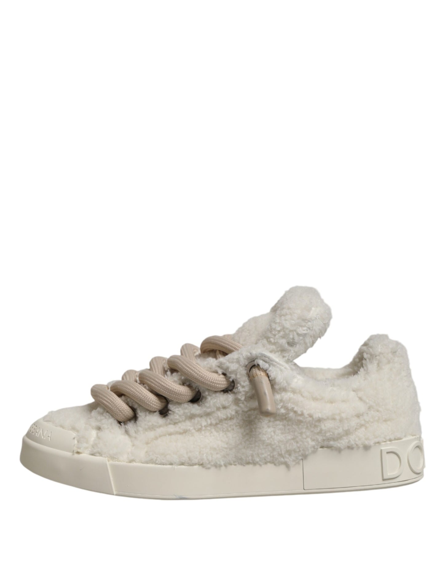 Dolce & Gabbana White Faux Shearling Low Top Sneakers