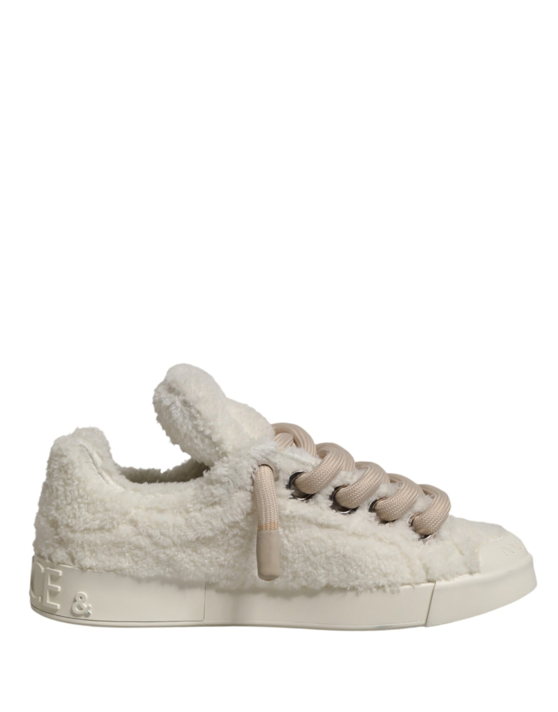 Dolce & Gabbana White Faux Shearling Low Top Sneakers