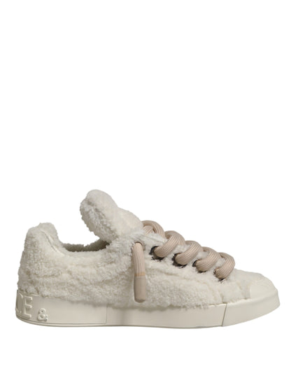 Dolce & Gabbana White Faux Shearling Low Top Sneakers