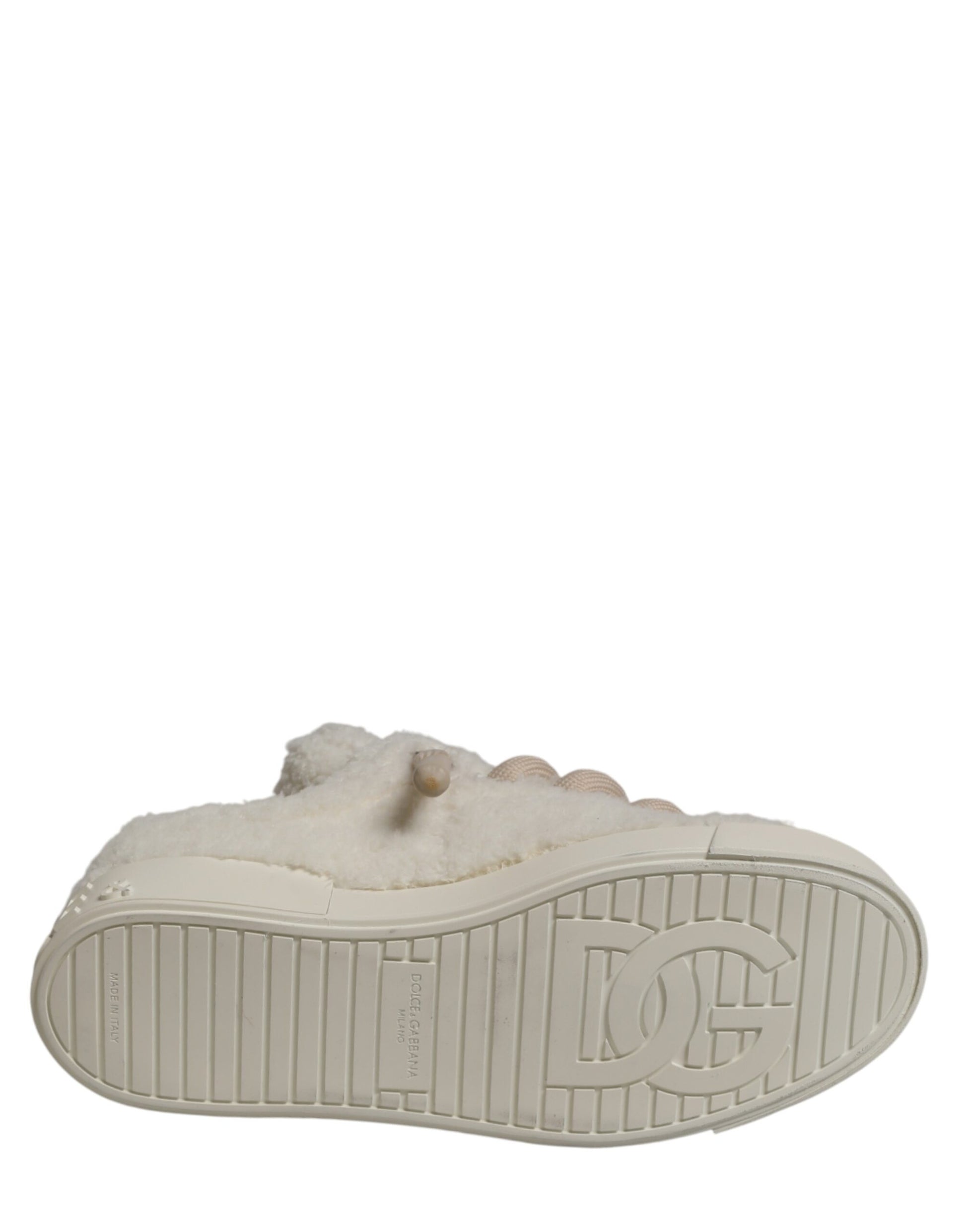 Dolce & Gabbana White Faux Shearling Low Top Sneakers