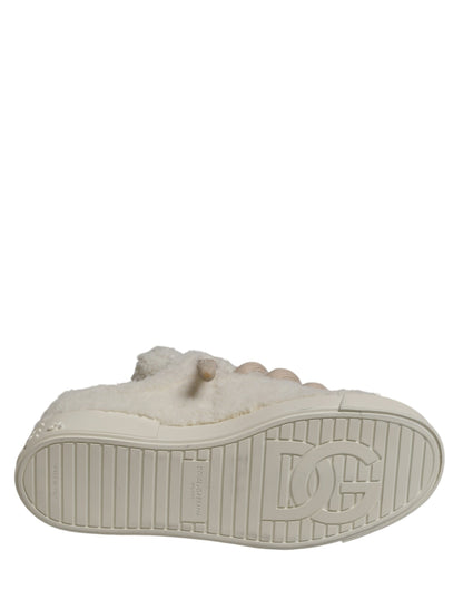 Dolce & Gabbana White Faux Shearling Low Top Sneakers
