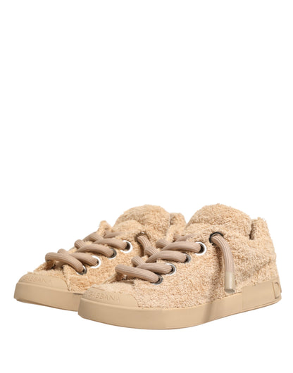 Dolce & Gabbana Beige Faux Shearling Low Top Sneakers