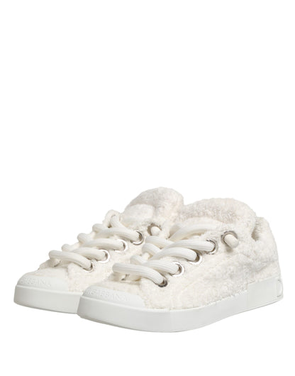 Dolce & Gabbana White Faux Shearling Low Top Sneakers