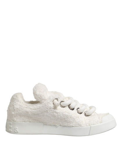 Dolce & Gabbana White Faux Shearling Low Top Sneakers