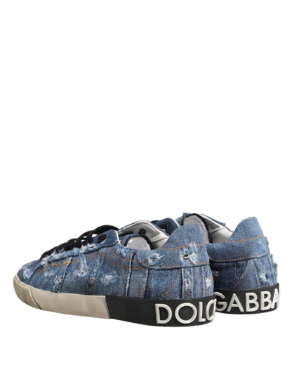 Dolce & Gabbana Blue Distressed Denim Low Top Sneakers