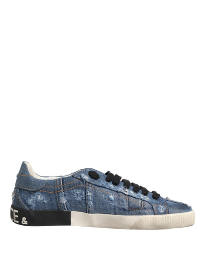 Dolce & Gabbana Blue Distressed Denim Low Top Sneakers