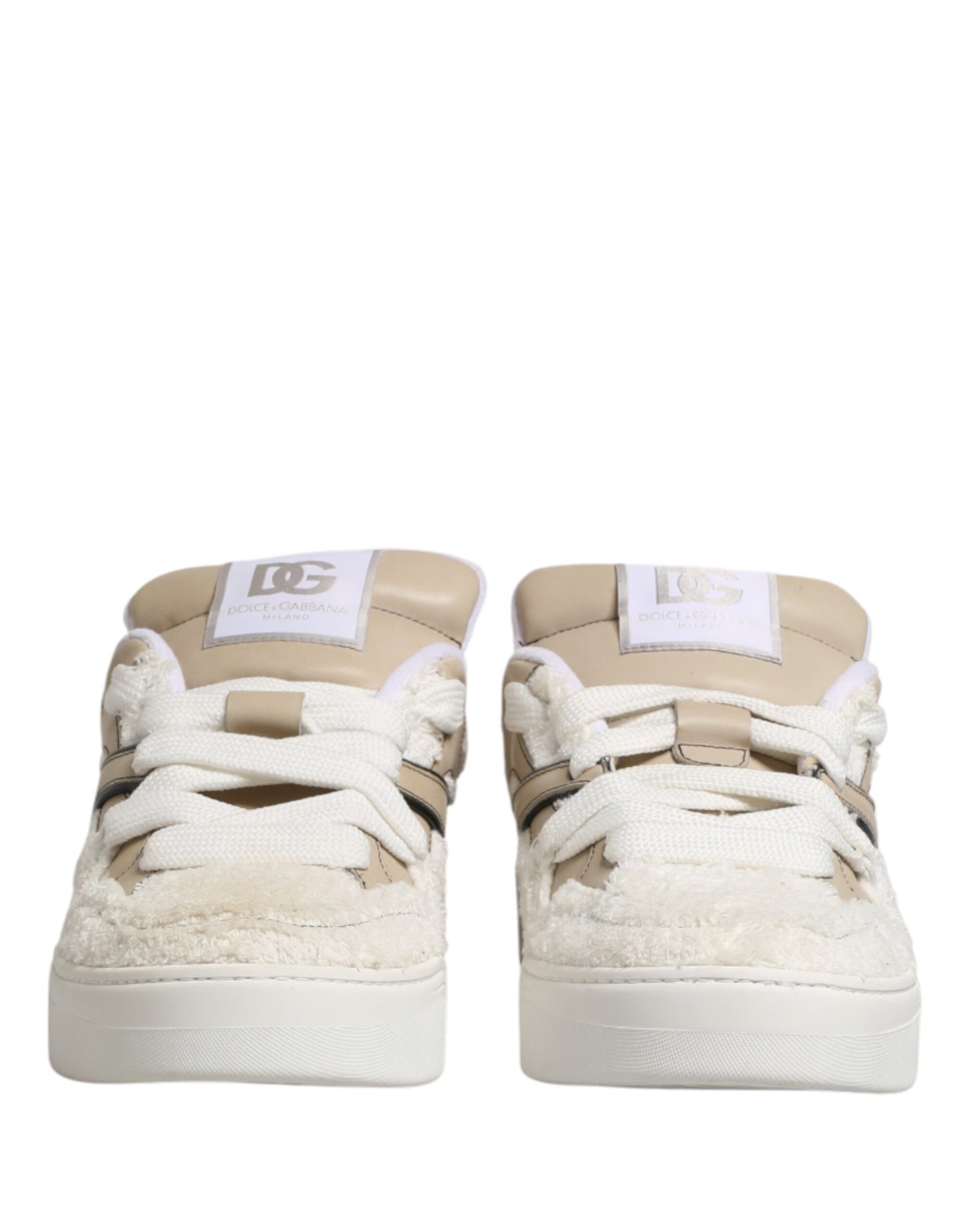 Dolce & Gabbana White Beige Faux Shearling Low Top Sneakers