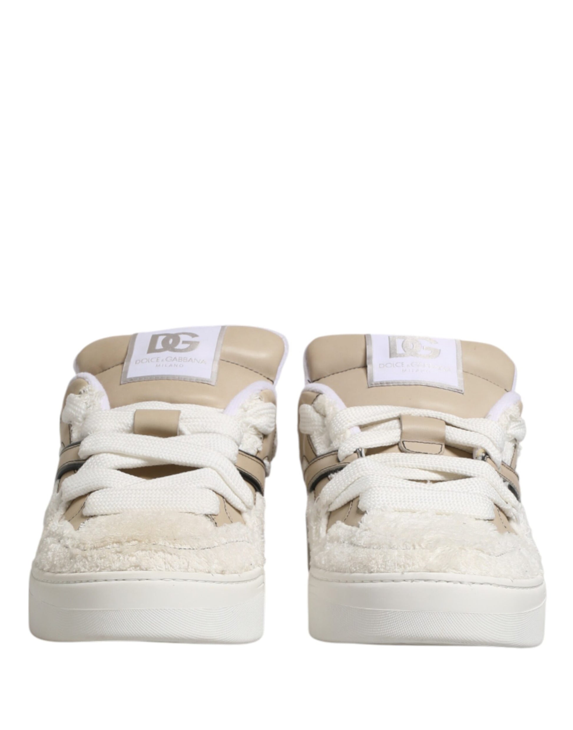 Dolce & Gabbana White Beige Faux Shearling Low Top Sneakers