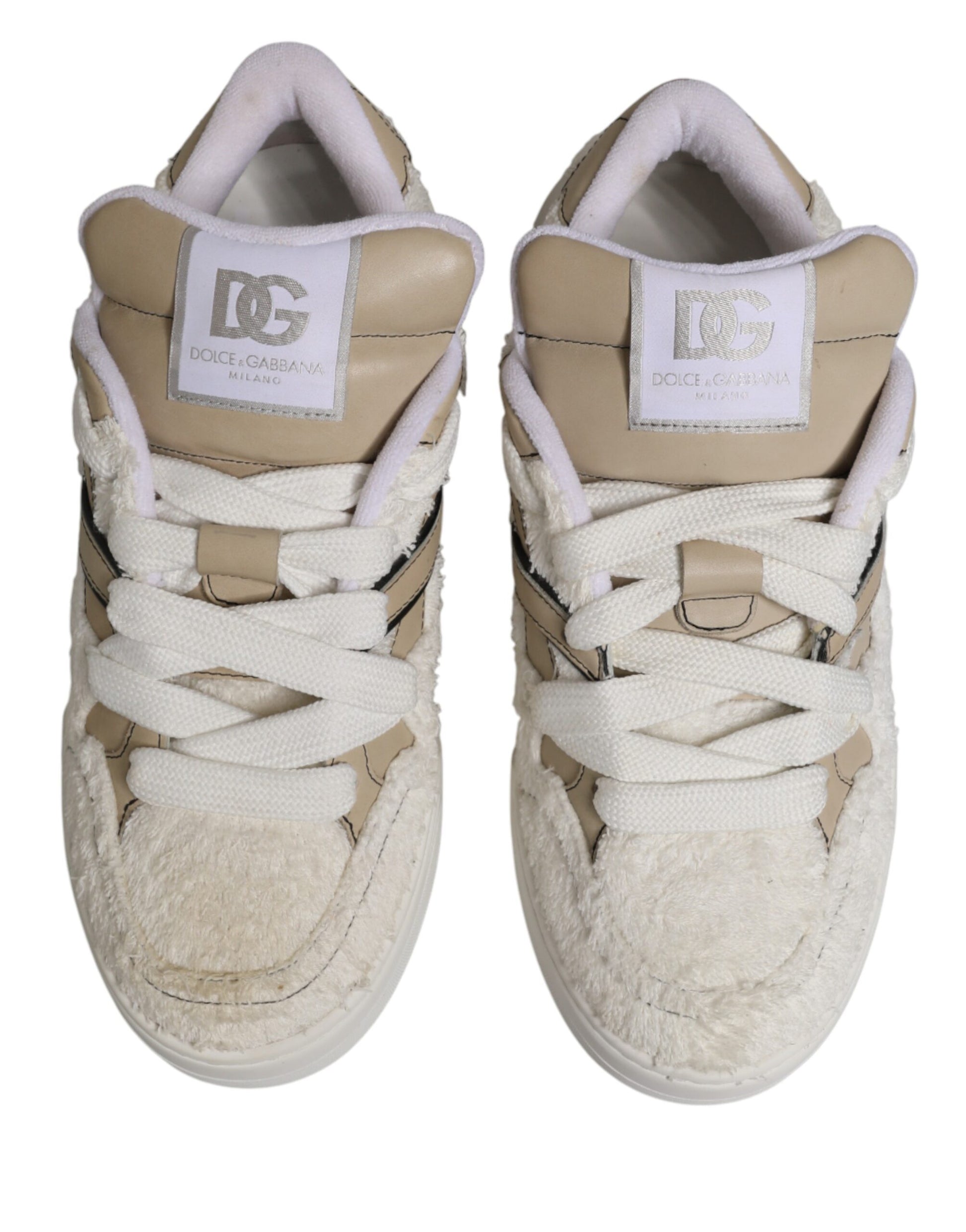 Dolce & Gabbana White Beige Faux Shearling Low Top Sneakers