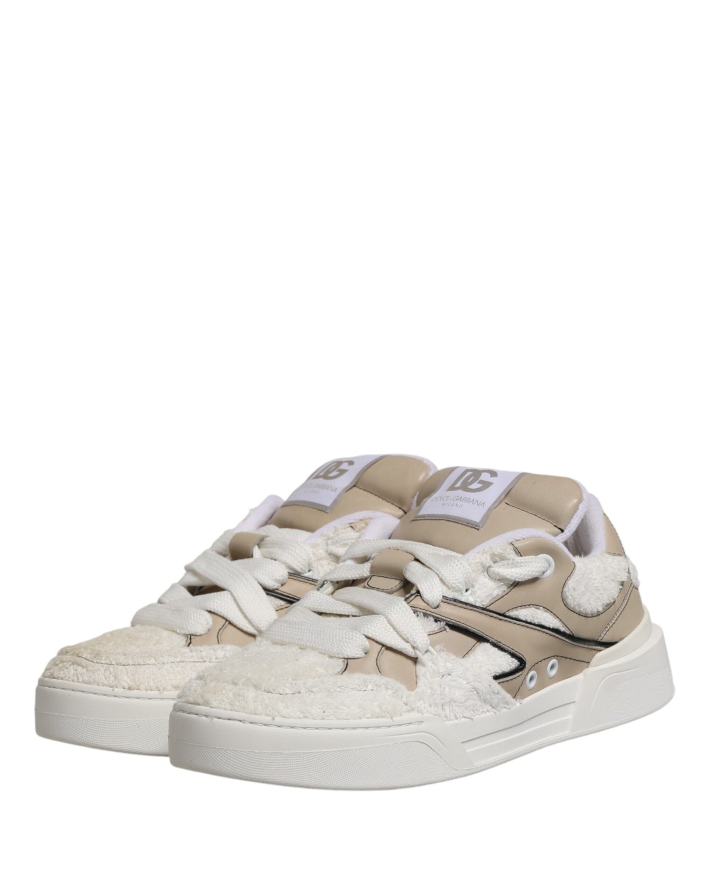 Dolce & Gabbana White Beige Faux Shearling Low Top Sneakers