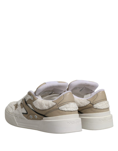 Dolce & Gabbana White Beige Faux Shearling Low Top Sneakers