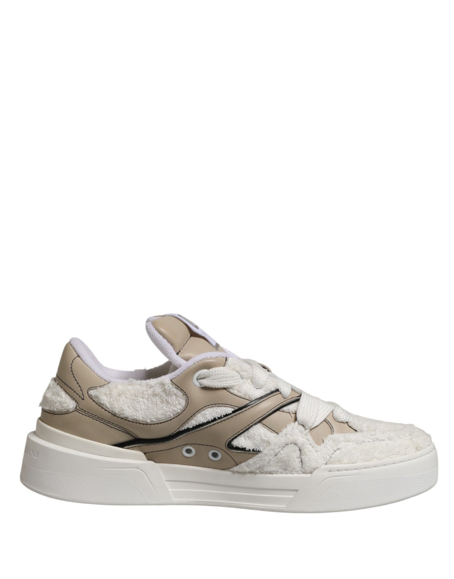 Dolce & Gabbana White Beige Faux Shearling Low Top Sneakers