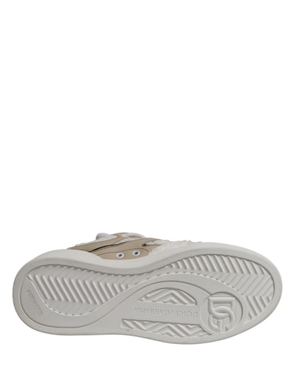 Dolce & Gabbana White Beige Faux Shearling Low Top Sneakers