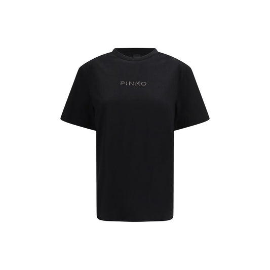 PINKO Black Cotton T-Shirt with Rhinestone Detail