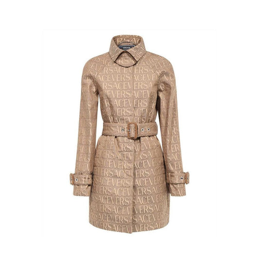 Versace Beige Cotton Blend Allover Logo-Jacquard Trench Coat