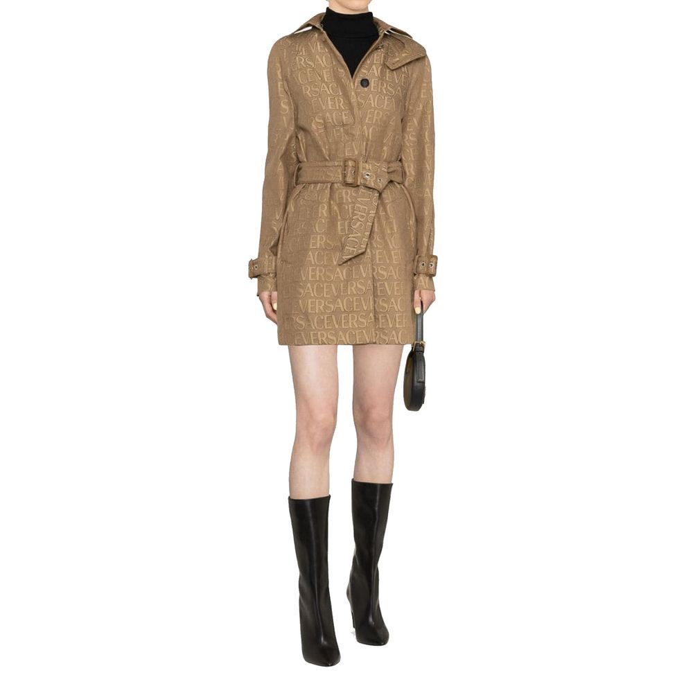 Versace Beige Cotton Blend Allover Logo-Jacquard Trench Coat