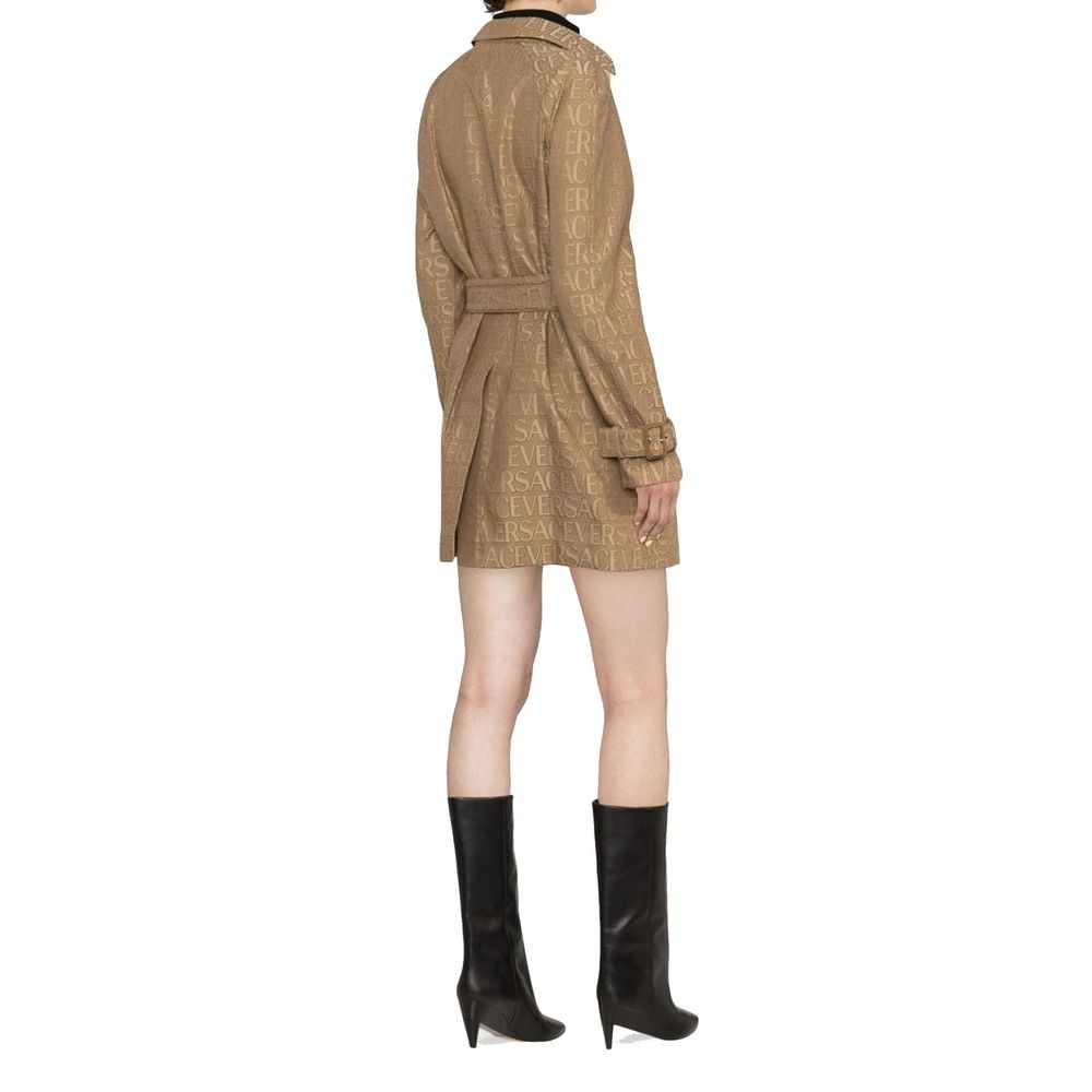 Versace Beige Cotton Blend Allover Logo-Jacquard Trench Coat