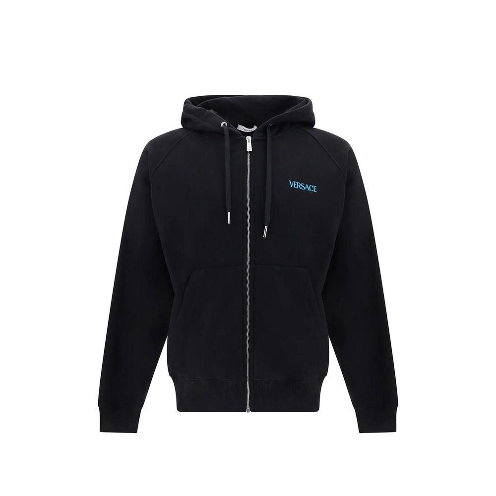 Versace Black Cotton Zip Up Graphic Back Hooded Sweatshirt