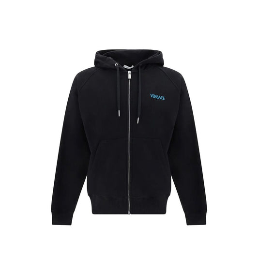Versace Black Cotton Zip Up Graphic Back Hooded Sweatshirt
