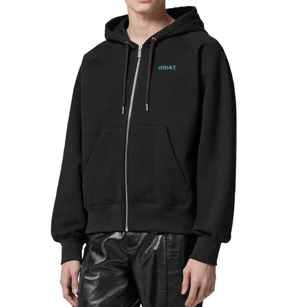 Versace Black Cotton Zip Up Graphic Back Hooded Sweatshirt