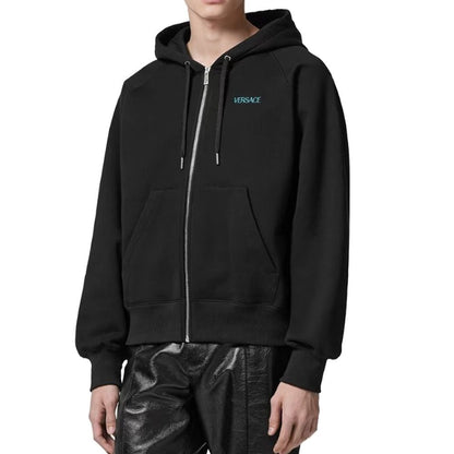 Versace Black Cotton Zip Up Graphic Back Hooded Sweatshirt