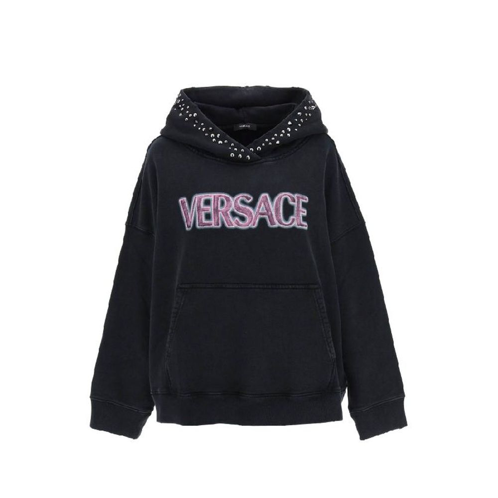 Versace Black Cotton Stud Detail Hoodie for Women