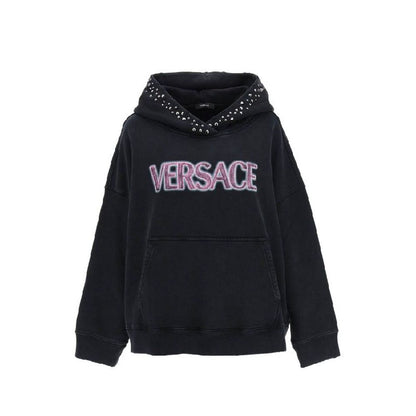 Versace Black Cotton Stud Detail Hoodie for Women