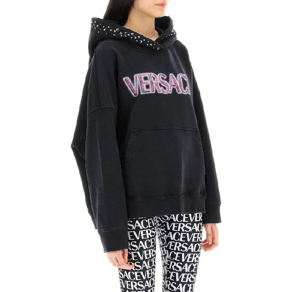 Versace Black Cotton Stud Detail Hoodie for Women