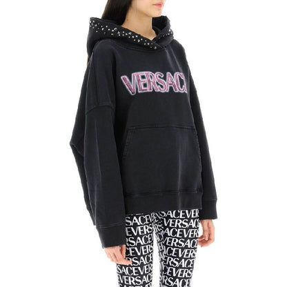 Versace Black Cotton Stud Detail Hoodie for Women