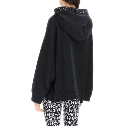 Versace Black Cotton Stud Detail Hoodie for Women
