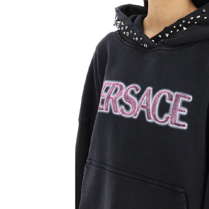 Versace Black Cotton Stud Detail Hoodie for Women