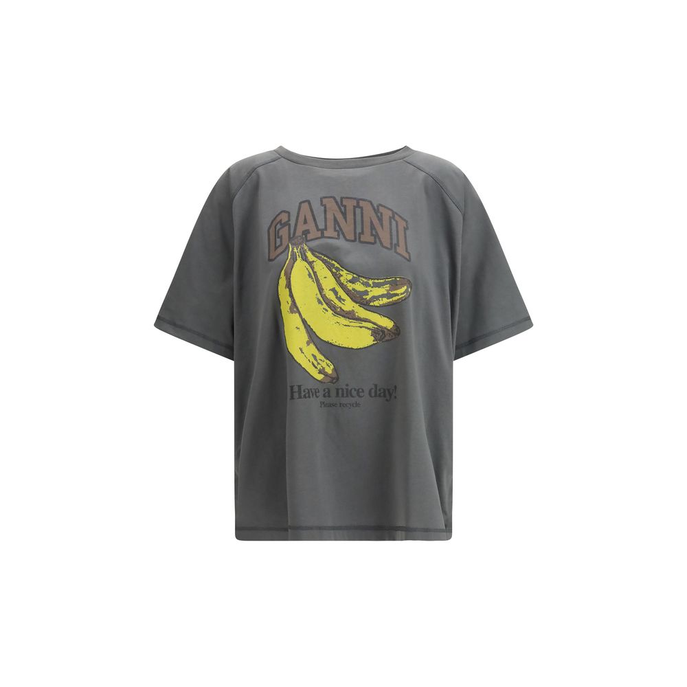 Ganni Gray Cotton T-Shirt with Banana Graphic