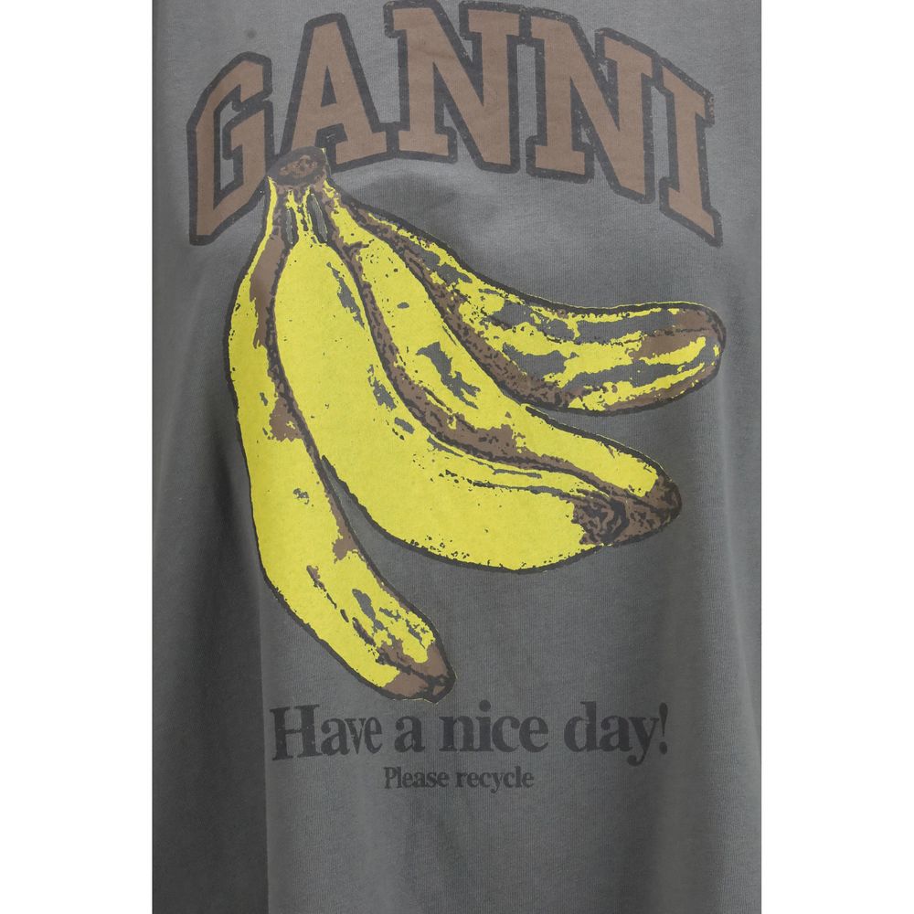 Ganni Gray Cotton T-Shirt with Banana Graphic