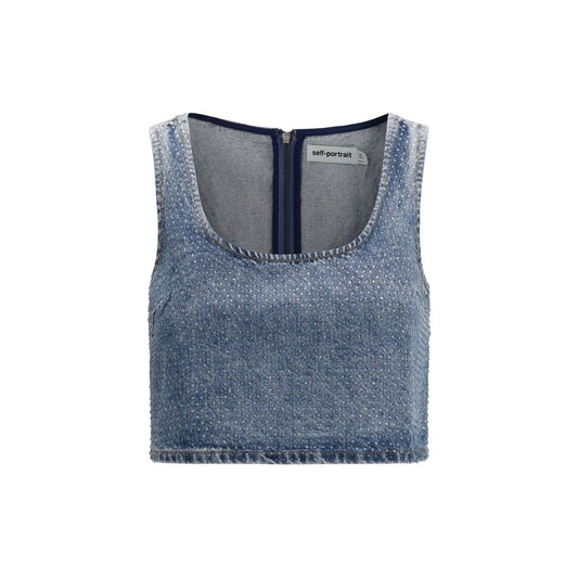 Self-Portrait Blue Cotton Rhinestone Denim Crop Top