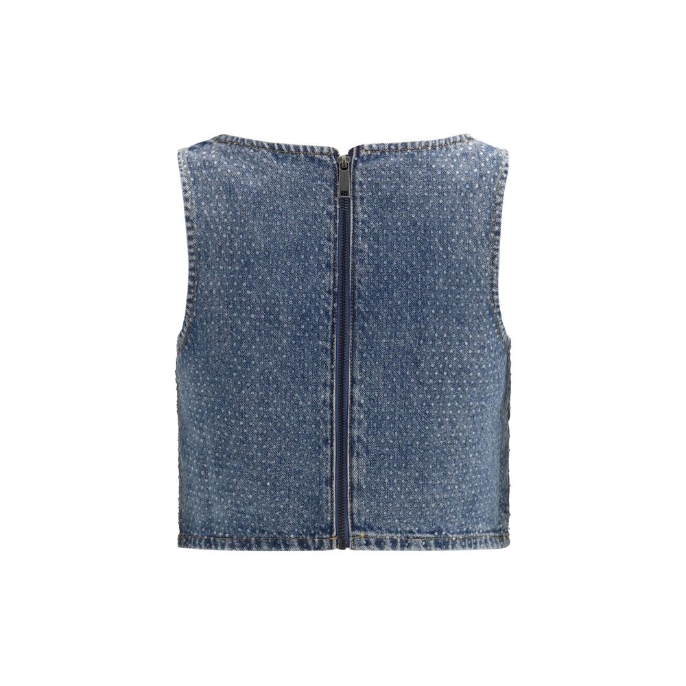 Self-Portrait Blue Cotton Rhinestone Denim Crop Top