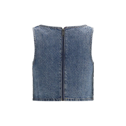 Self-Portrait Blue Cotton Rhinestone Denim Crop Top